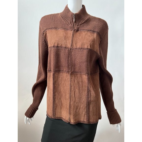 Evan-Picone Suede Blocked Cardigan Sweater M Brown Cotton and Leather - Picture 2 of 15